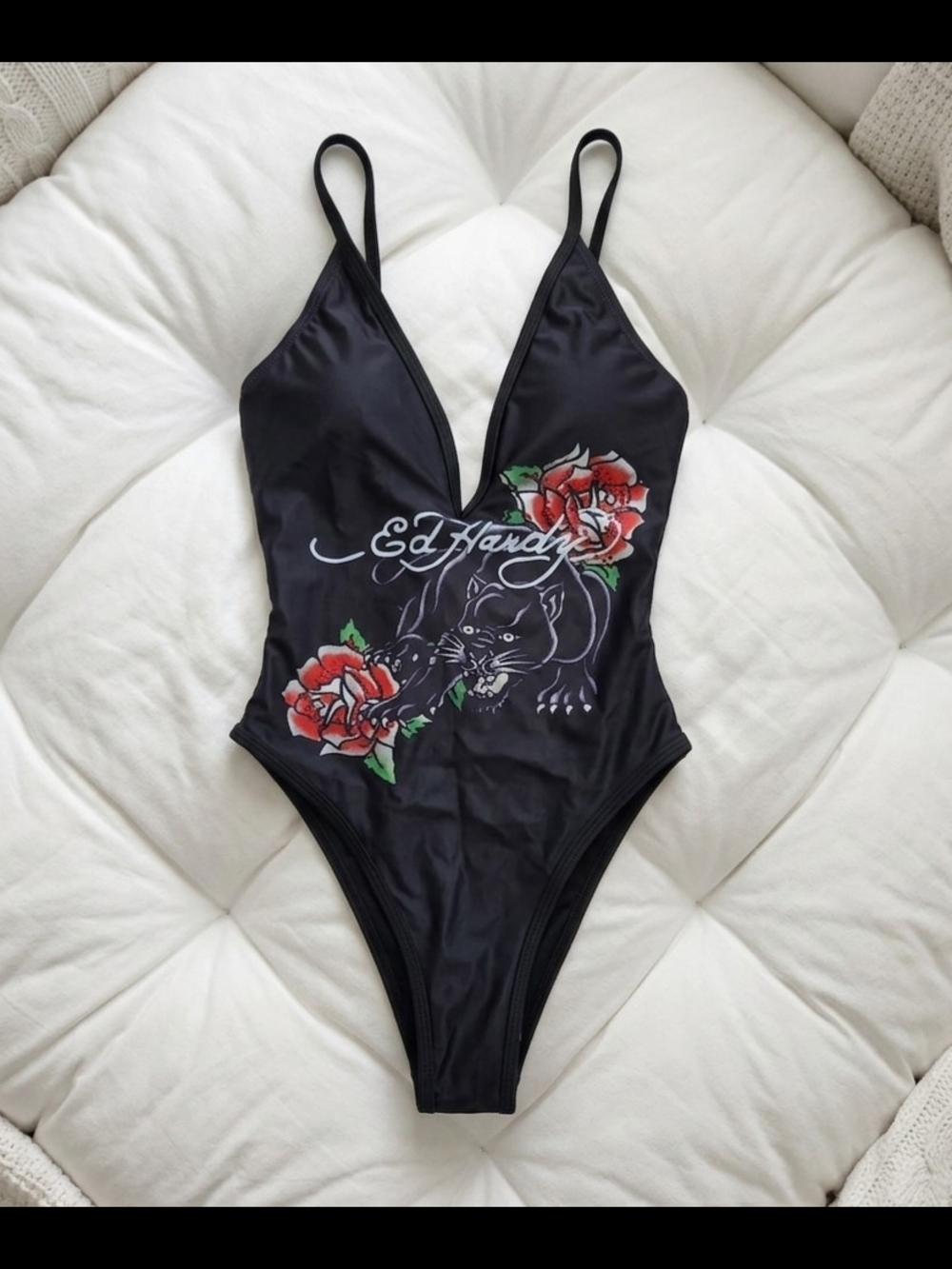 Ed Hardy Black Deep-V One-Piece Swimsuit with Panther & Rose Motif